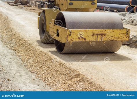 Yellow Vibratory Steel Drum Compactor during Road Construction 2 Stock Image - Image of roller ...