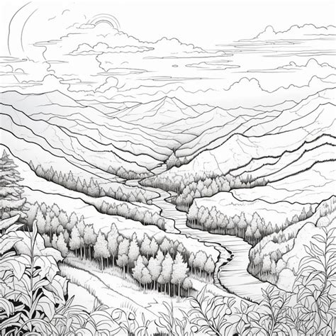 Premium Photo | A drawing of a landscape with a mountain and trees ...