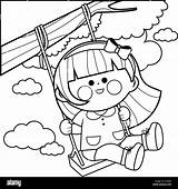 Girl Playing On A tree swing coloring book Page Stock Vector Image  sketch template