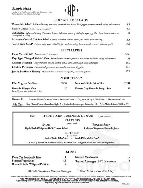 Hyde Park Prime Steakhouse menu in Birmingham, Michigan, USA