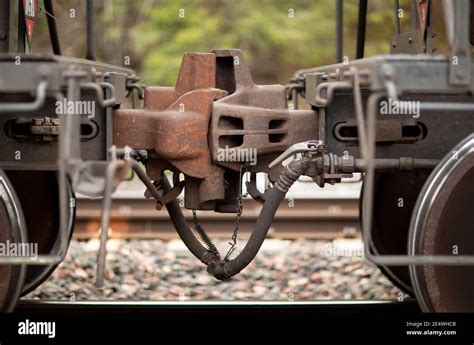 Railroad tank car coupler, on the tracks, at the BNSF railroad yard, Troy, Montana. Burlington ...