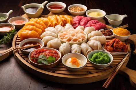 Premium AI Image | Variety of colorful dim sum ingredients on board