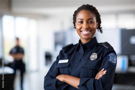 Portrait of black woman cop demonstrating dedicated smiling officer ...