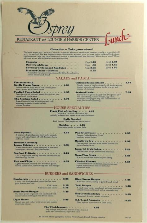 1980's Original Large Laminated Menu Osprey Restaurant & Lounge At Harbor Center | Restaurant ...