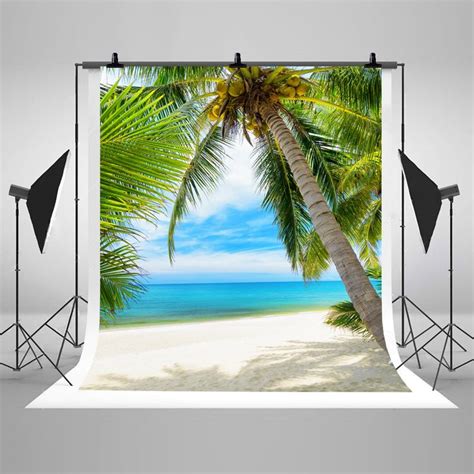 White Sand Beach Tropical Scenery Photography Backdrops Beach Coconut Tree Backgrounds Photo ...