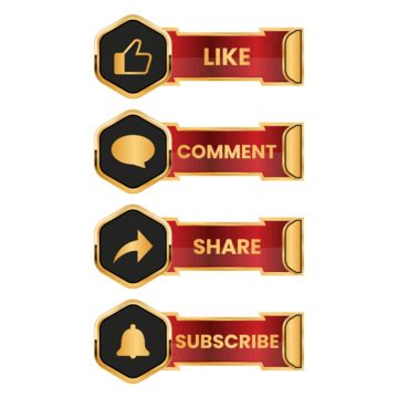 three red and black badges with the words like comment, share, subscribe