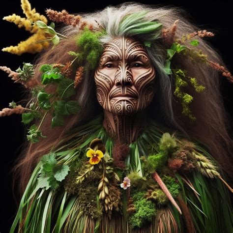 Papatuanuku: Earth Mother with Chin Tattoo, River Hair, and Native Flora Dress | AI Art ...