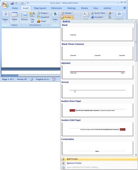 MS Word 2007: Create a footer