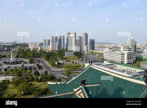 Pyongyang, North Korea - May 1, 2019: View of the downtown Pyongyang ...