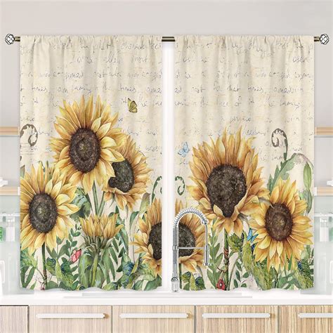 Amazon.com: Mitpok Rustic Sunflower Kitchen Curtains 27.5Wx39H Inch Rod ...