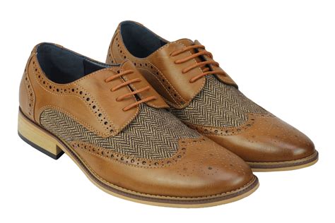 Mens Classic Gatsby Style Tweed Herringbone Formal Brogue Shoes Oxford ...