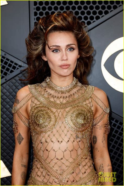 Miley Cyrus Wears Completely Sheer Gold Dress at Grammys 2024 - See Red ...