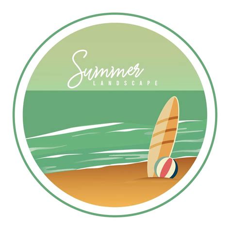 Colored badge with a surfboard beach ball and a beach scenary view ...