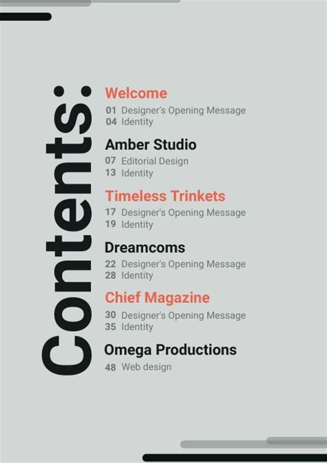 Copy of Minimalist Table of Contents | Page layout design, Contents page design, Booklet design