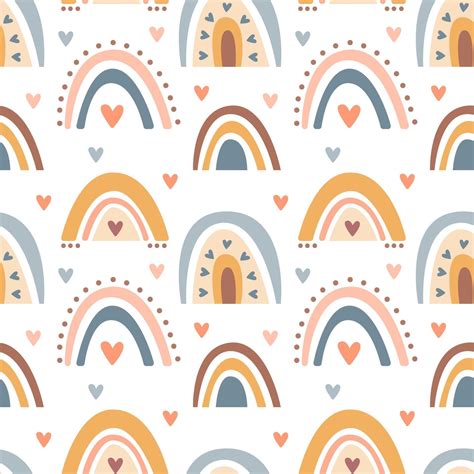 Hand drawn seamless pattern of cute boho rainbows pastel color isolated ...