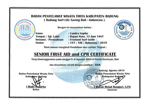 First-aid-certificate - Chandra's Surfing Bali