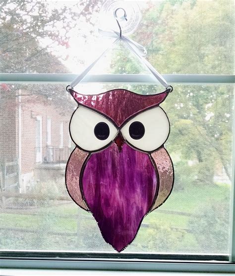 Owl Stained Glass Suncatcher, Pink Owl, Bird Ornament, Horned Owl, Glass Owl, Nature Decor ...