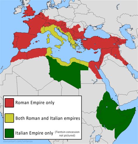 the roman empire is shown in red, green and yellow on a map with other countries