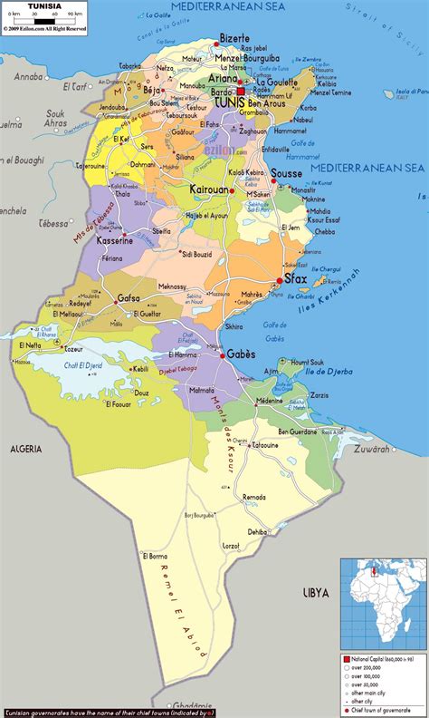 Large political and administrative map of Tunisia with roads, cities ...