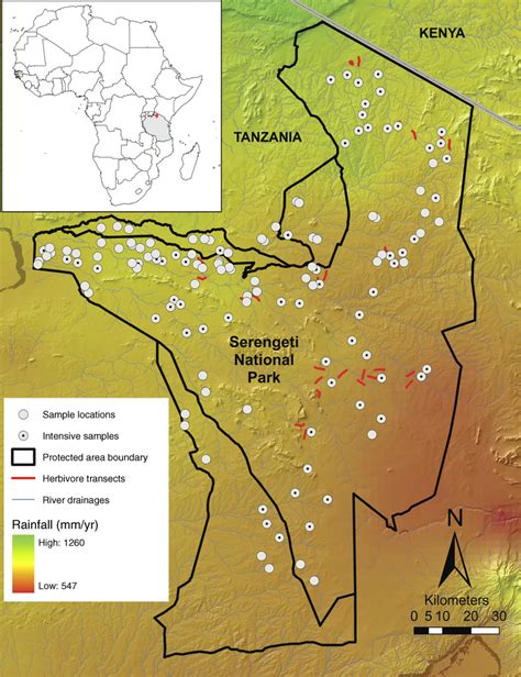 Map of Serengeti National Park and protected areas (black lines ...