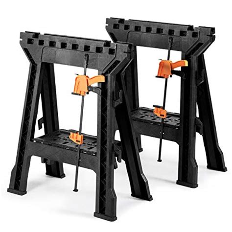 Goplus Clamping Sawhorse Pair with Bar Clamps, 2 PCS Folding Saw Horses with Built-in Shelf and ...