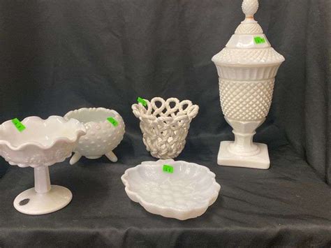 Assorted milk glass dishes and pedestal dishes - Metzger Property ...