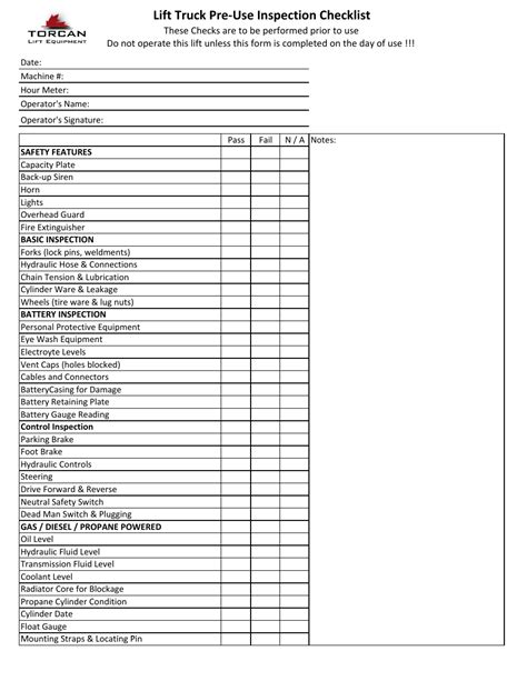 Forklift Pre Use Inspection Checklist Template