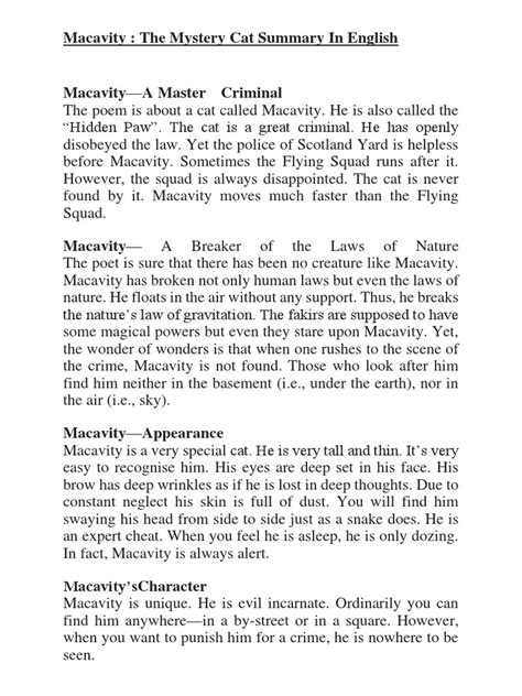 Macavity Poem Summary | PDF