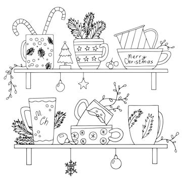 Premium Vector | Coloring page. christmas mugs and decorations.