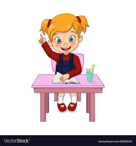 Happy cute little student girl raising her hand Vector Image