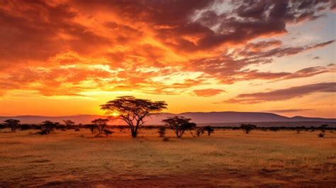 Premium AI Image | a photo of a wide savanna scattered acacia trees sunset