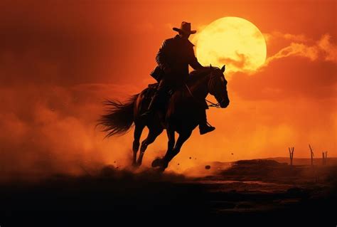 Premium AI Image | Cowboy riding horse at sunset