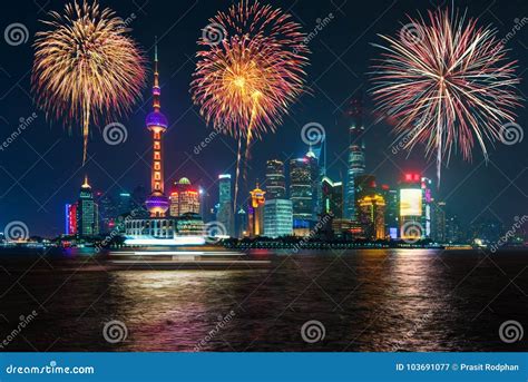 Fireworks in Shanghai, China Celebration National Day of the Peo Stock Image - Image of landmark ...