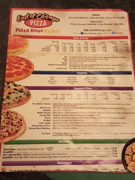 Menu at East of Chicago pizzeria, Lisbon