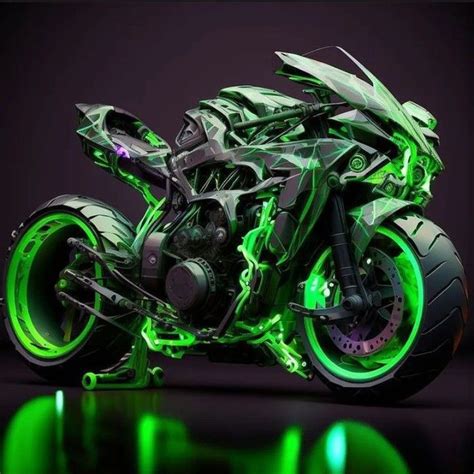 a futuristic motorcycle with green lights on it's front wheel and tire rims