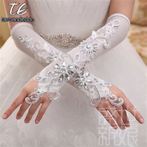 Elegant White Fingerless Long Wedding Gloves Elbow Length Formal Gloves Women Sparkle Crystal ...