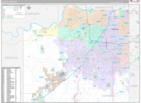 Johnson County, KS Zip Code Wall Map Premium Style by MarketMAPS