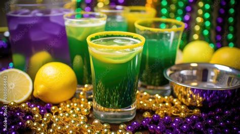 Mardi Gras Treats food and drinks in purple, green, yellow colors ...