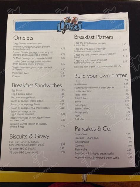 Menu at Jack's, Fairfield Bay