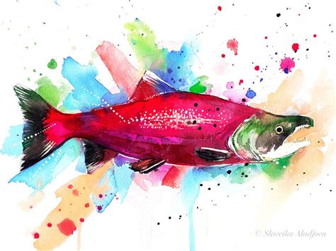 Sockeye salmon watercolor painting print by Slaveika Aladjova, art, animal, illustration, Sea ...