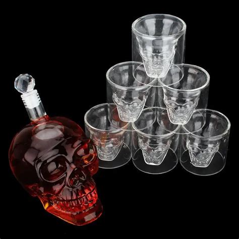 Crystal Skull Head Bottles Decanter Bottling Creative Glass Skull Vodka Bottle 750ML With 6Pcs ...