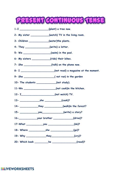 the present continuous tense worksheet is shown in pink and blue with words on it