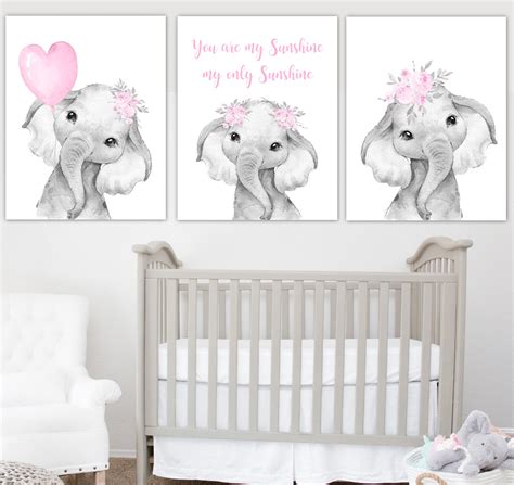 Pink Baby Girl Nursery Art Elephant With Balloons Watercolor Flowers ...