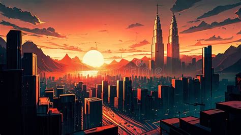 Aerial View of a City at Sunset, Anime Color, Shaded Cells. AI ...