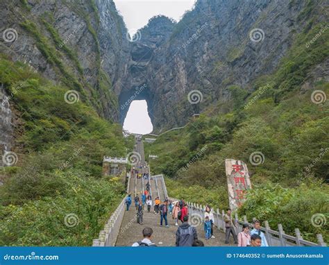 Crowd of Tourist Climbing Heaven Gate Cave Stairs on Tianmen Mountain National Park at ...