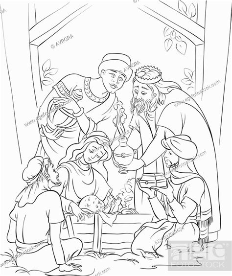 Outlined illustration of a Nativity scene - Jesus, Mary, Joseph and the Three Kings, Stock ...