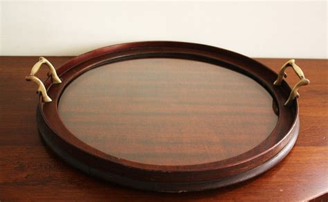 Vintage 1940's wooden round serving tray with brass