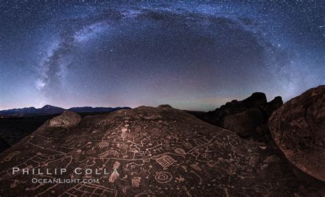 Panorama of the Milky Way at Night over Sky Rock Petroglyphs, Bishop, California