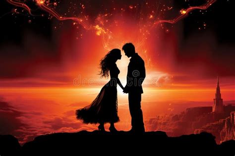 Romantic Couple Holding Hands,Silhouette Against the Backdrop of Sunset ...