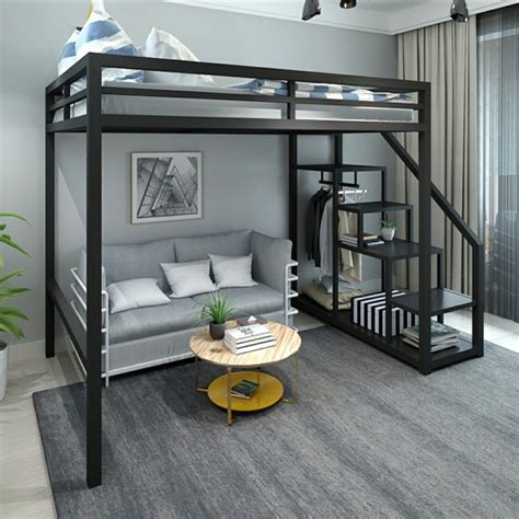 Space saving metal loft bed bunk mini loft small space smart solution modern interior furniture ...